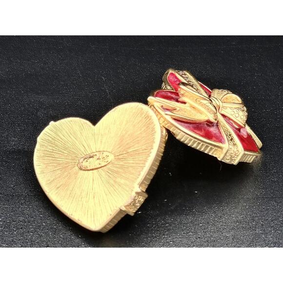 Bob Mackie Red Enamel Heart Trinket Box Gold Bow Hinged Pill Ring Valentine - Picture 3 of 4